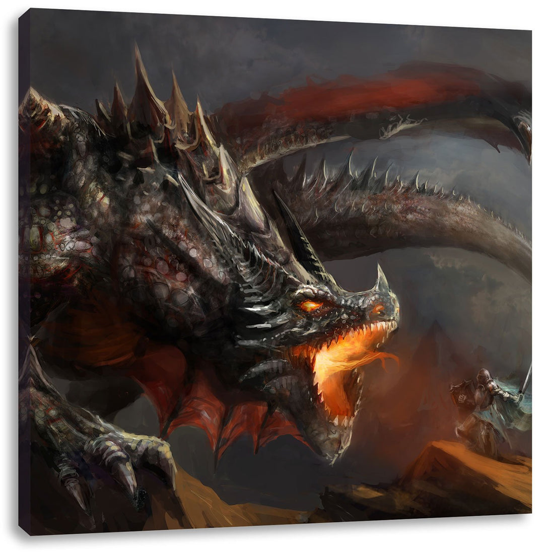 Pixxprint Kampf zwischen Mensch und Drache als Leinwandbild Quadratisch/Grösse: 70x70 / Wandbild/Kun