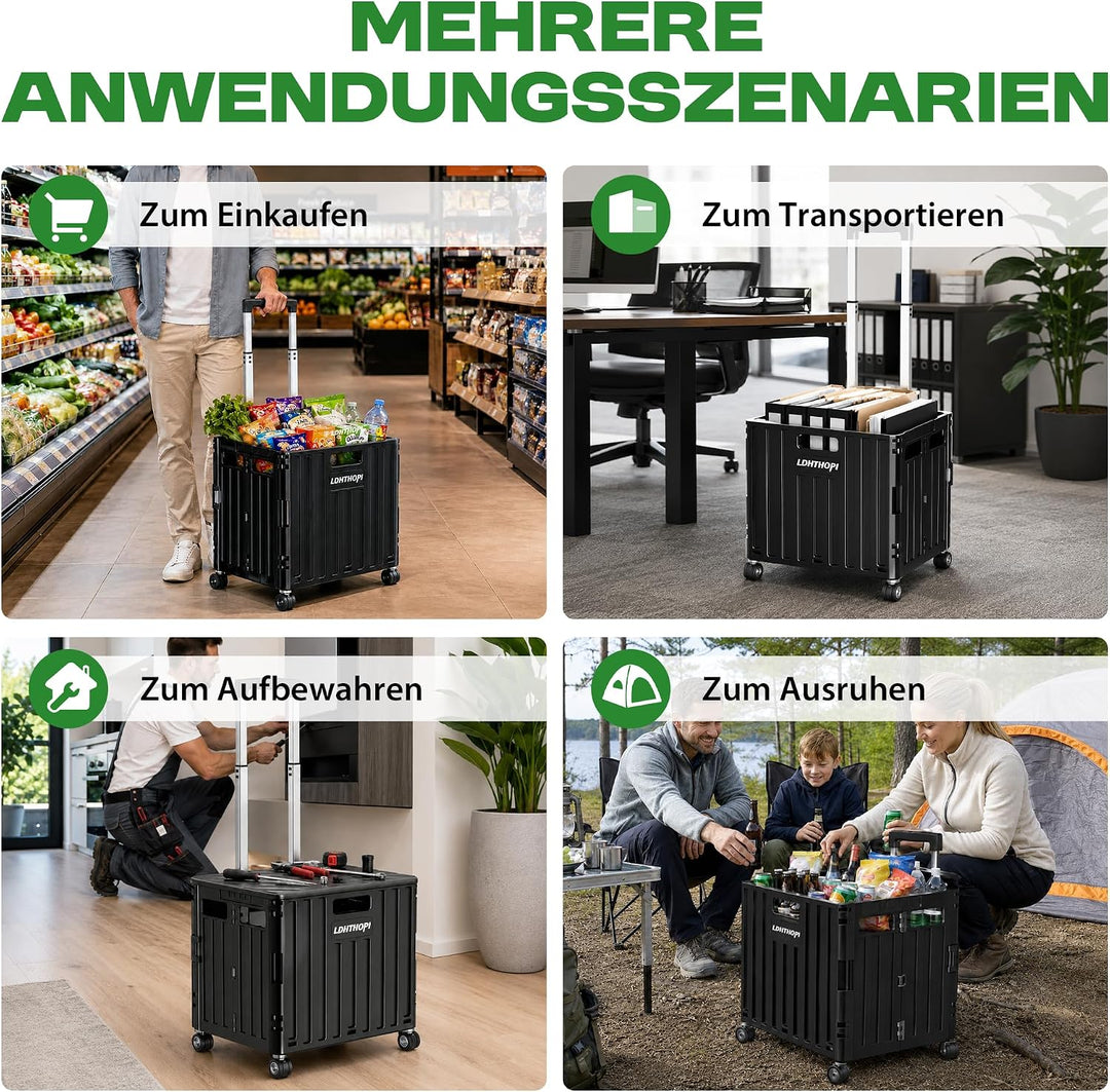 LDHTHOPI Einkaufstrolley klappbar 65L,MAX 50KG Trolley mit Teleskopgriff,4 Zerlegbaren Drehbaren Räd