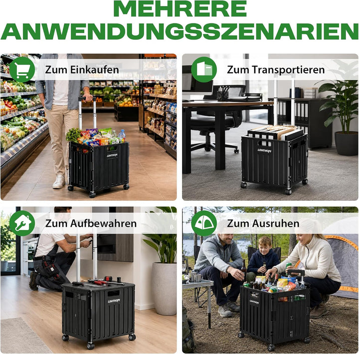 LDHTHOPI Einkaufstrolley klappbar 65L,MAX 50KG Trolley mit Teleskopgriff,4 Zerlegbaren Drehbaren Räd