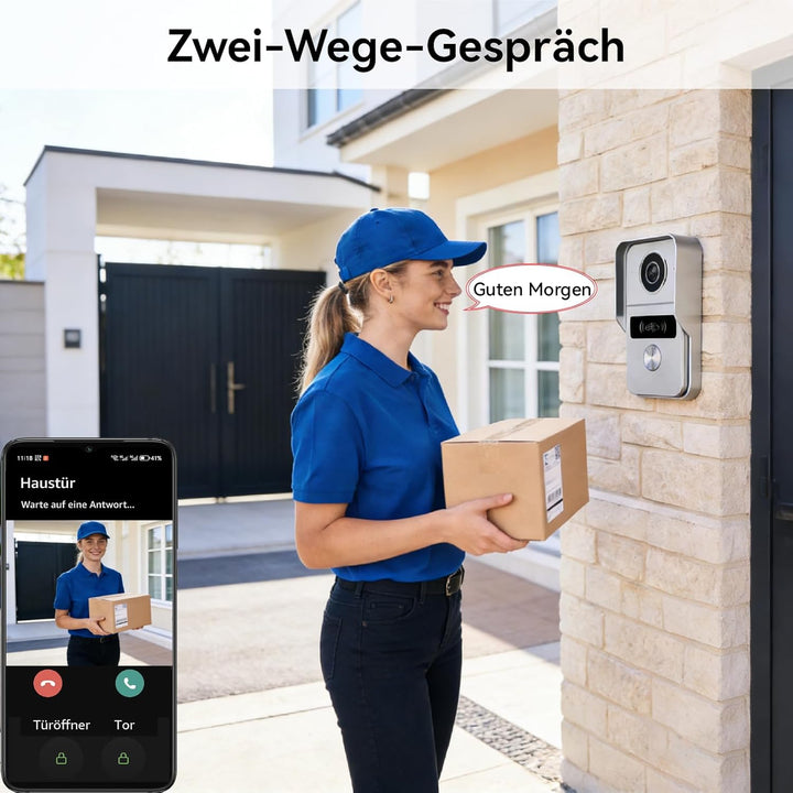 Video Türklingel mit Kamera, 2-Draht, Türsprechanlage mit 7" Farb-Touchscreen, Entsperren und Zwei-W