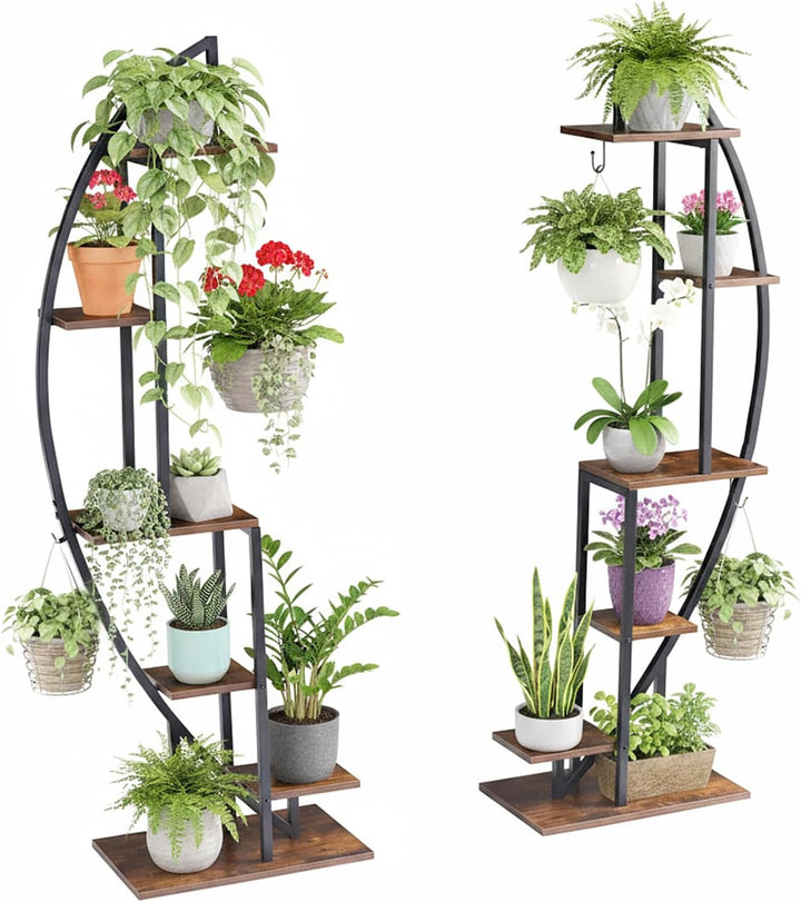 2er-Set Blumenständer mit Wachstumslicht, 6 Ebenen Grosses Pflanzenständer 160cm Hoch, Metall-Holz P
