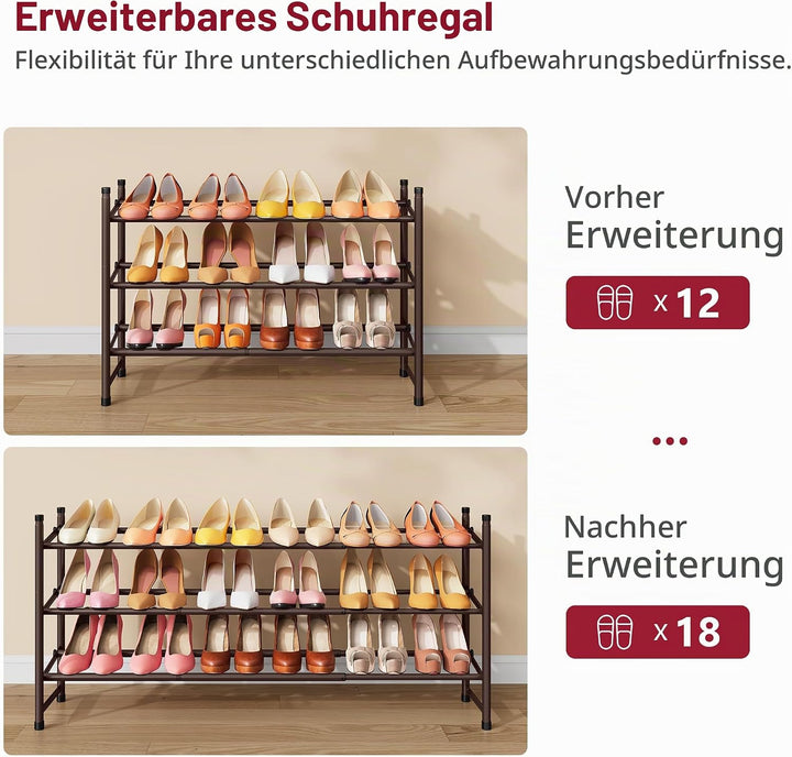 Tajsoon 3-stöckiges Ausziehbares Schuhregal, 28–41 Zoll Verstellbar und Stapelbar, Schuhablage aus M