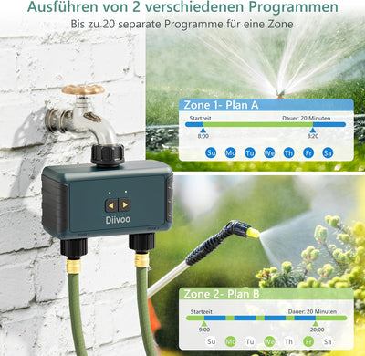 Diivoo Bewässerungscomputer WLAN 2 Ausgänge, Smart Bewässerungsuhr für Garten Bewässerung kompatibel