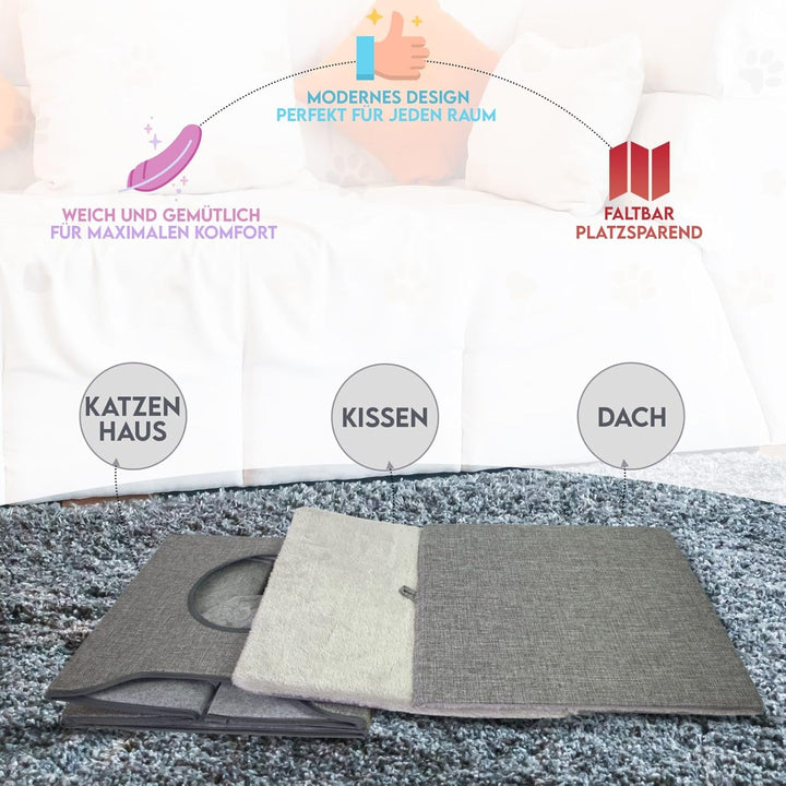 Hausleben Stilvolles Katzenhaus Grau – 40×38×40 cm – inkl. 2 Matratzen & Liegefläche auf dem Dach –