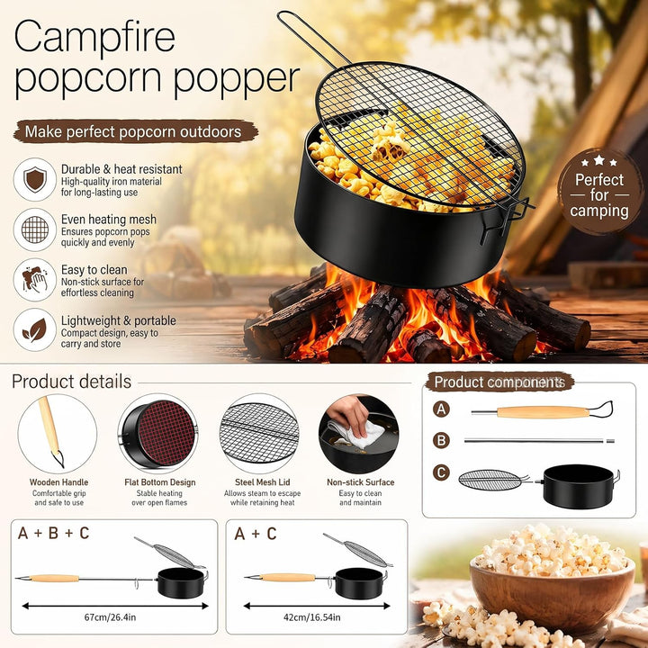 Popcorn Maker Kohlenstoffstahl Antihaft Popcornpfanne mit Hitzebeständigem Griff, Robuste Camping Po