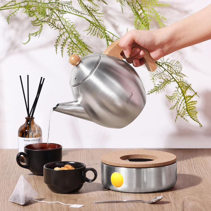 glastal Silberne Teekanne aus Edelstahl 1200ml mit 18/8 Edelstahl Teesieb Teebereiter Geeignet für T