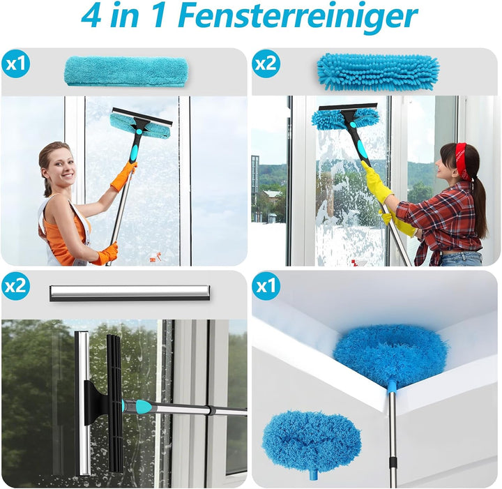 4 in 1 Teleskop Fensterwischer Abzieher Set,24cm~390cm Extra Lange Fensterputzer Set,1 Stauber,3 Mik