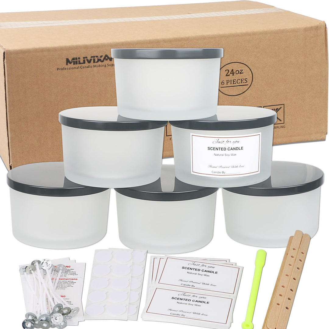 MILIVIXAY 6 x 680 ml Kerzengläser Mit Metalldeckel und Kerzenherstellungs-Kits-3 Docht-Kerzengläser,