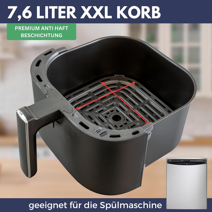 Sommertal HF760 – XXL Airfryer 7,6L für 12 Portionen, spart bis zu 55% Energie, 2000W Power, digital