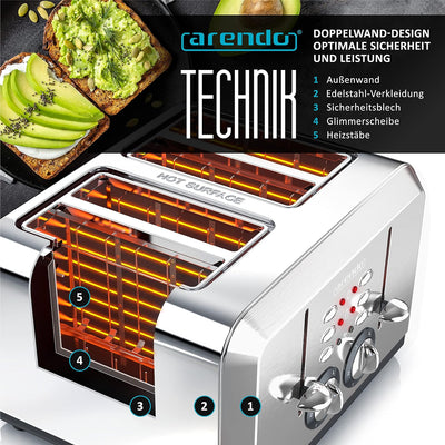 Arendo - Automatik Toaster 4 Scheiben in Edelstahl - bis zu Vier Sandwich und Toast-Scheiben - Bräun
