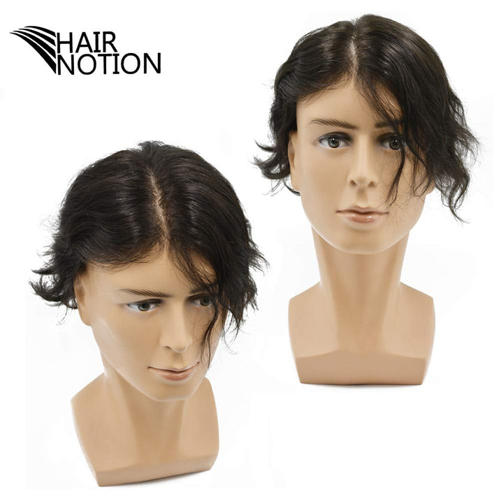Hairnotion Maenner Haarteil Toupet Super dünne Haut Schwarz 1# Echthaar Perücke für Männer, 1#