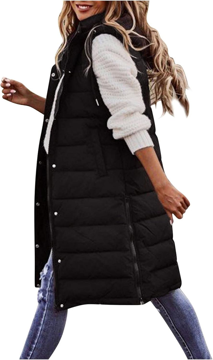 Duohropke Steppweste Damen Lang mit Kapuze Elegant Übergangsjacke Damenwesten Longweste Steppjacke P