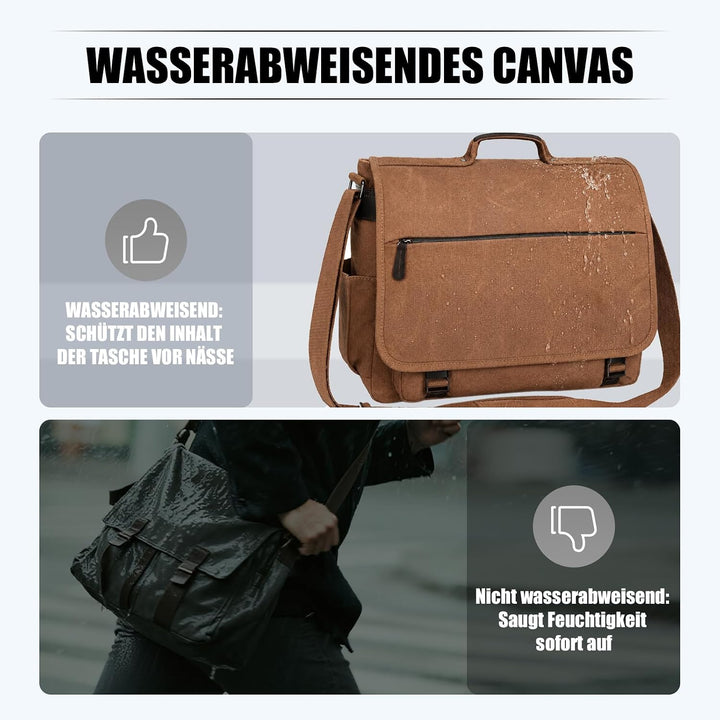 Eshow Umhängetasche Herren Wasserabweisend, Laptoptasche 15,6 Zoll aus Echtleder und Canvas, Messeng