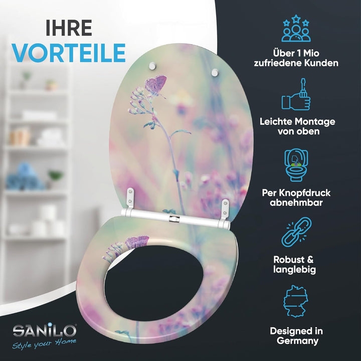 Sanilo WC Sitz mit Absenkautomatik & Schnellverschluss, Toilettendeckel per Knopfdruck abnehmbar, ei