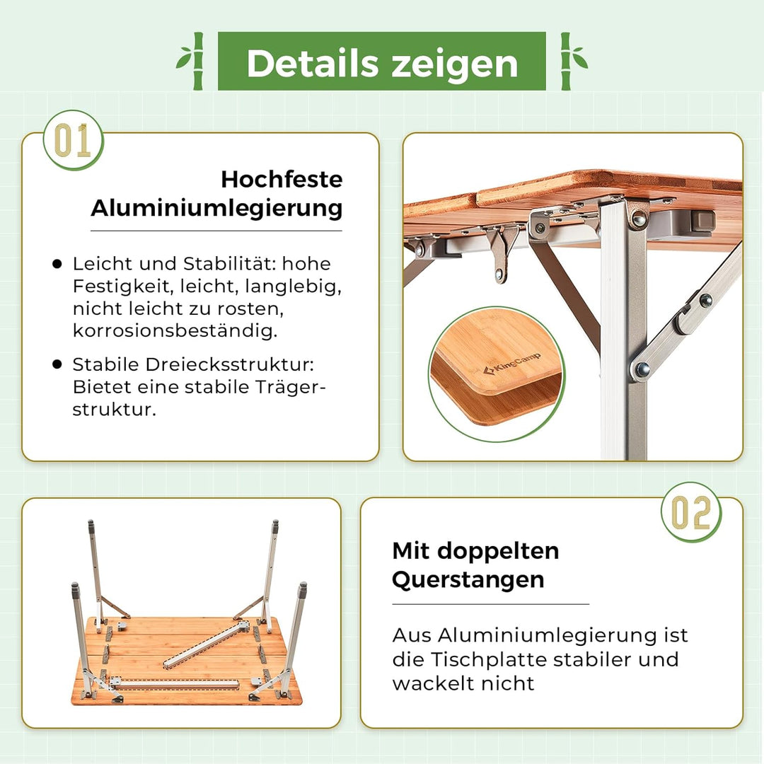 KingCamp Campingtisch Bambus Klapptisch höhenverstellbar (45/52 / 65 cm) für 2-4 Personen Campingtis