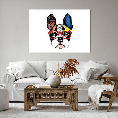 Bilder auf Leinwand 100x70cm Leinwandbild Hund Brille Bunt Bulldogge Gross Wanddeko Bild Schlafzimme