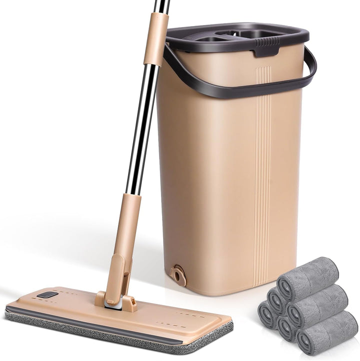 MASTERTOP Flach Mopp mit Eimer und 6 Mikrofaser Moppkopf, Hand-Frei Wischmop & Bodenwischer mit ausw