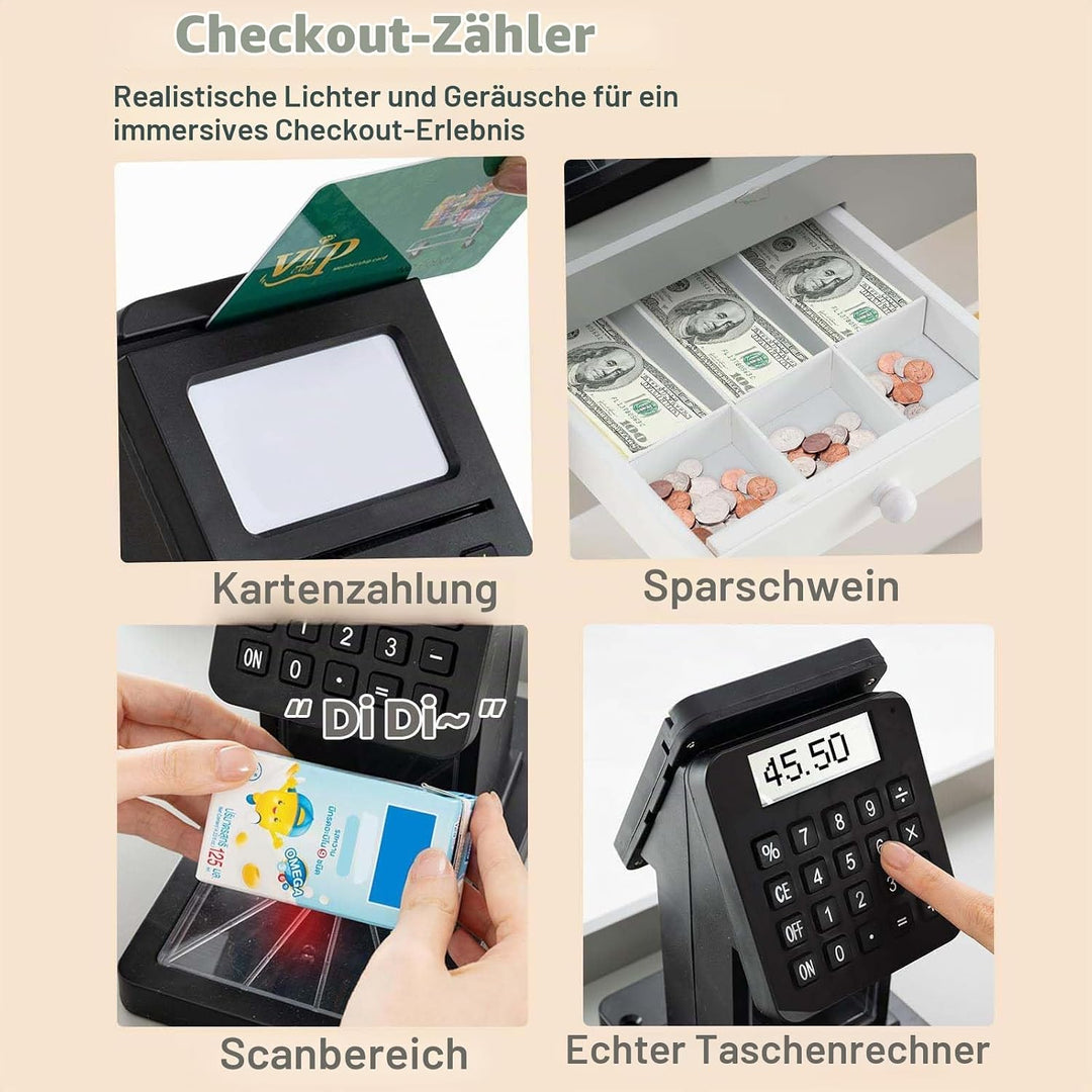 HOMASIS Supermarkt mit Einkaufswagen, Kaufladen mit Kasse, 2 Tafeln, Scanner, VIP-Karte &amp; Rechenmasc