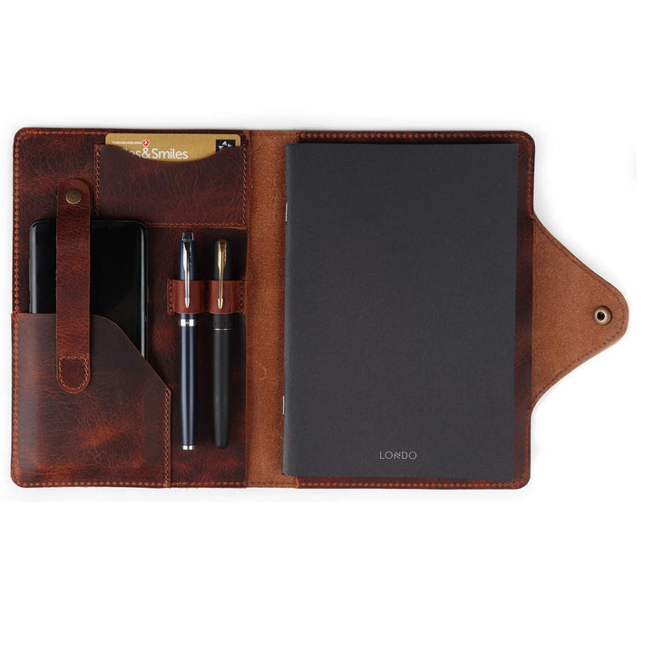 Londo Echtleder Schreibmappe Konferenzmappe mit Notizblock Notizblock und Schloss Braun L, Braun L