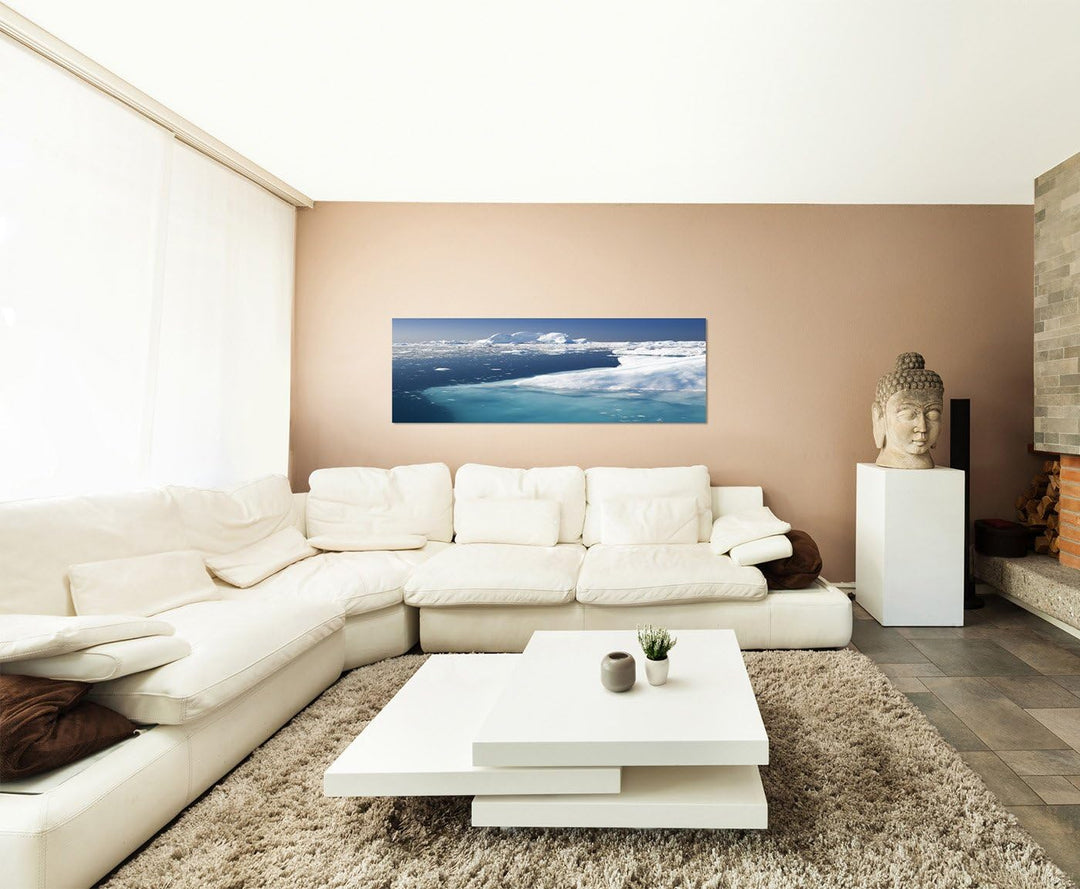 Paul Sinus Art Panoramabild auf Leinwand und Keilrahmen 150x50cm Grönland Meer Eisberge Schnee