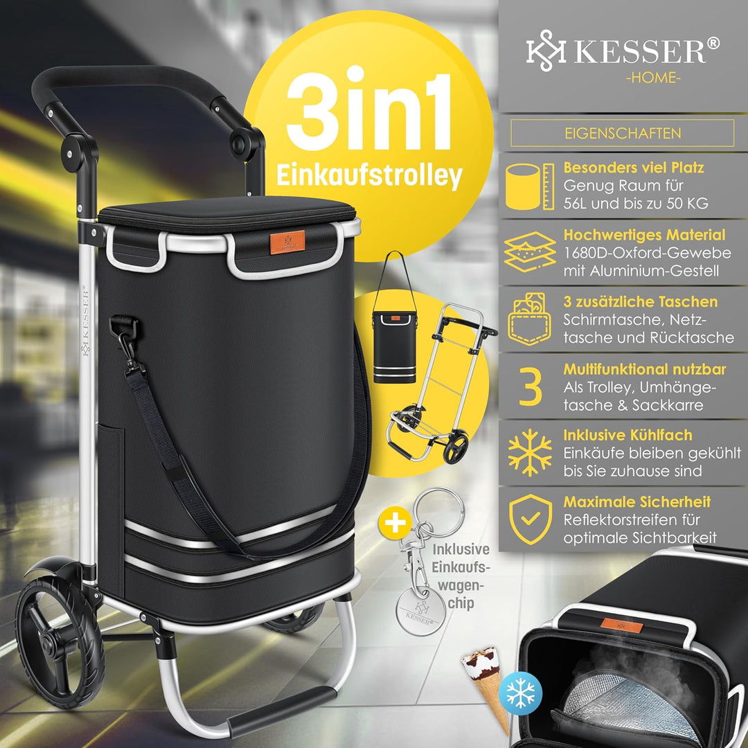 KESSER® Einkaufstrolley klappbar mit 56L Kapazität und belastbar bis 50kg | 3in1 Trolley Sackkarre &
