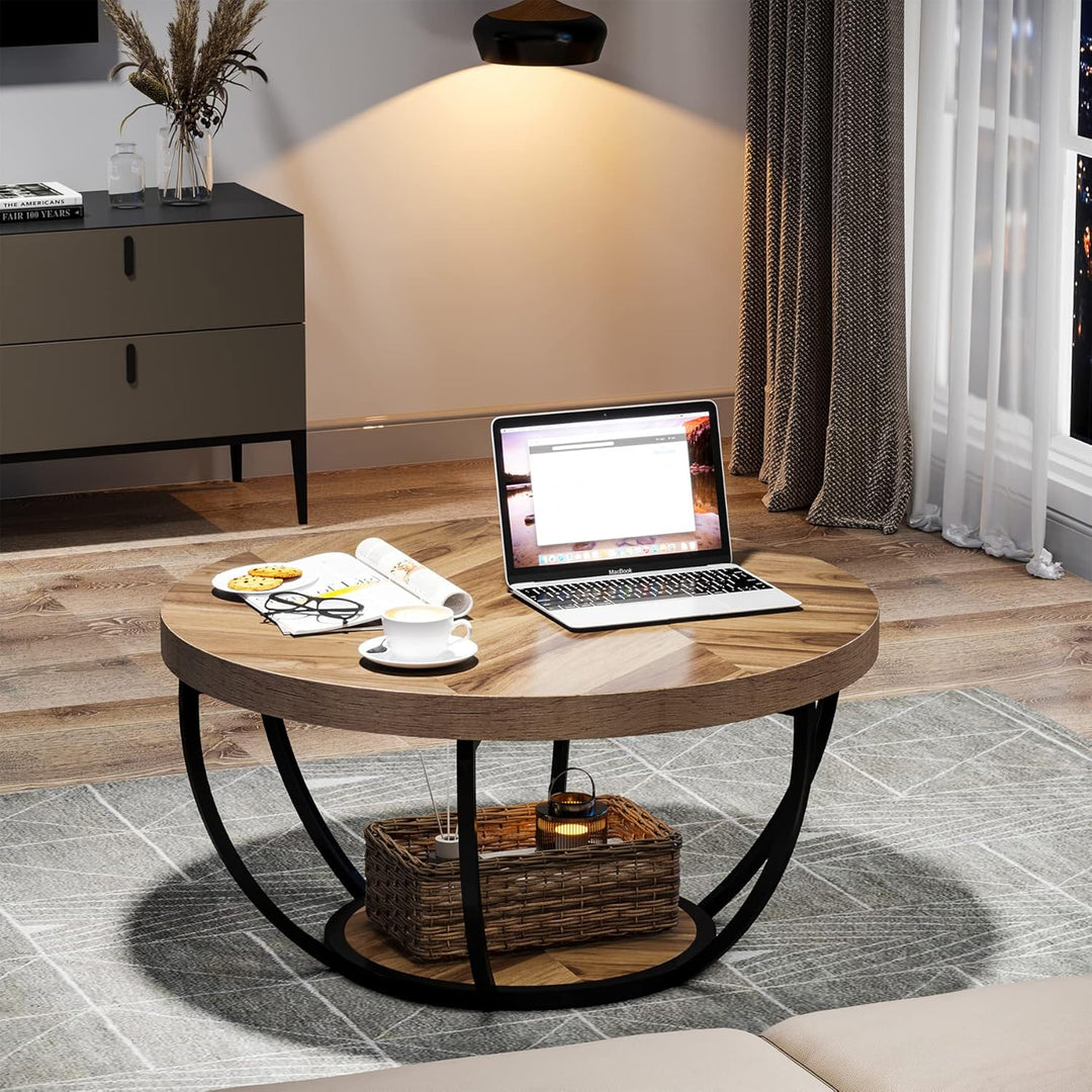 Tribesigns Runde Couchtisch, Industrial 2-Tier-Kreis Couchtisch mit Lagerung Regale, Moderne hölzern