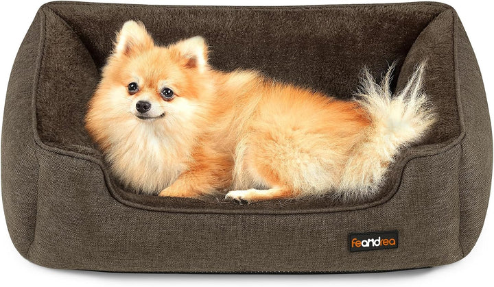 Feandrea Hundebett, Hundekissen in Leinenoptik, Hundekorb, erhöhte Ränder, rutschfeste Unterseite, B