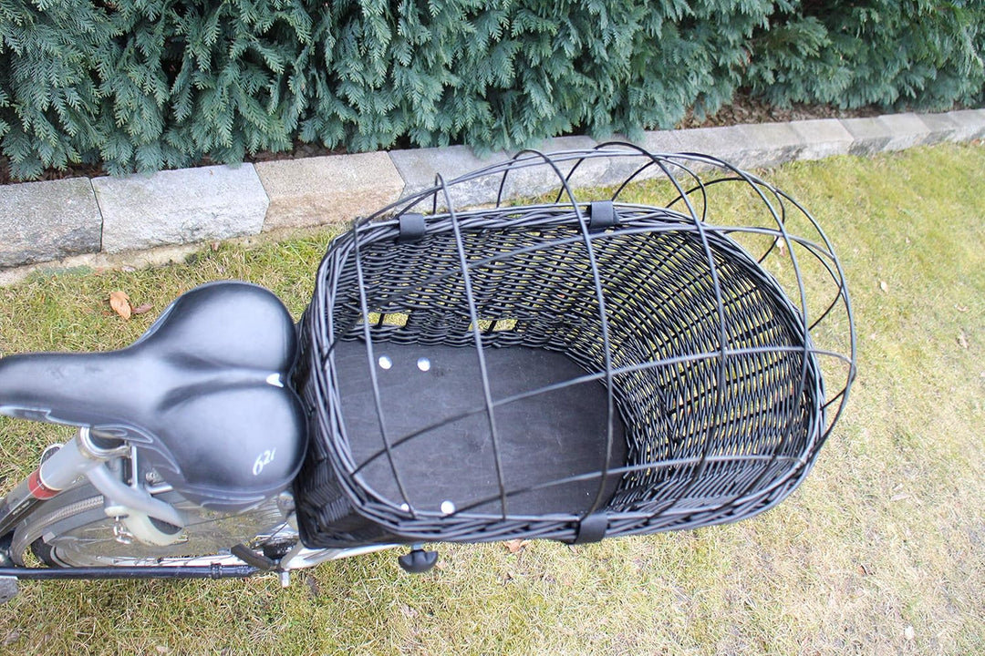 Hundefahrradkorb für Gepäckträger aus Weide mit Metallgitter und Kissen Schwarz XL oder XXL Gepäcktr