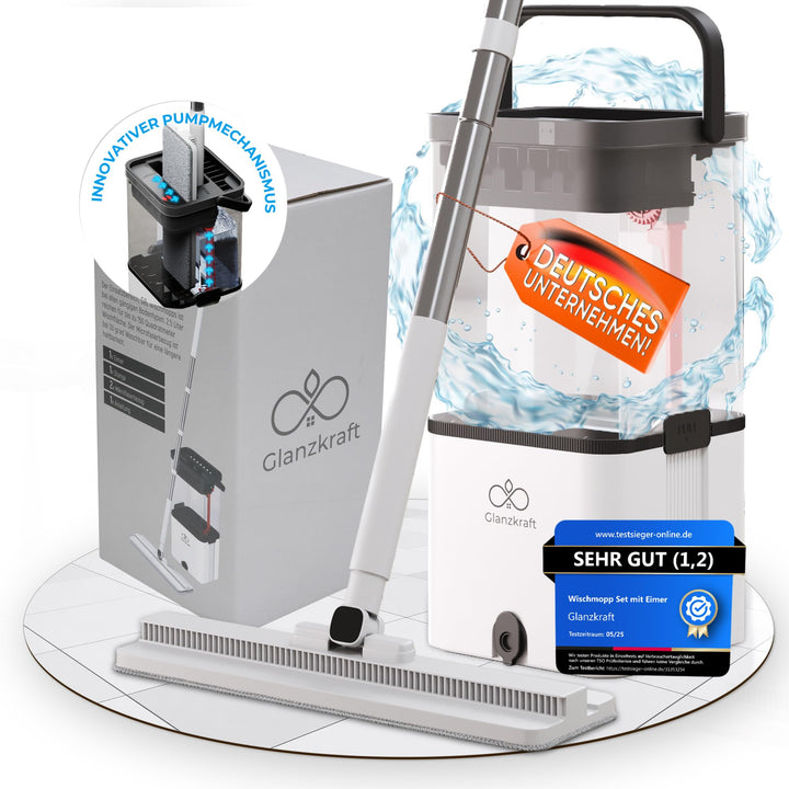 Wischmopp Set mit Eimer – Bodenwischer / Nasswischer mit 2-Kammer-System – Wischmopp & Mop Set mit P
