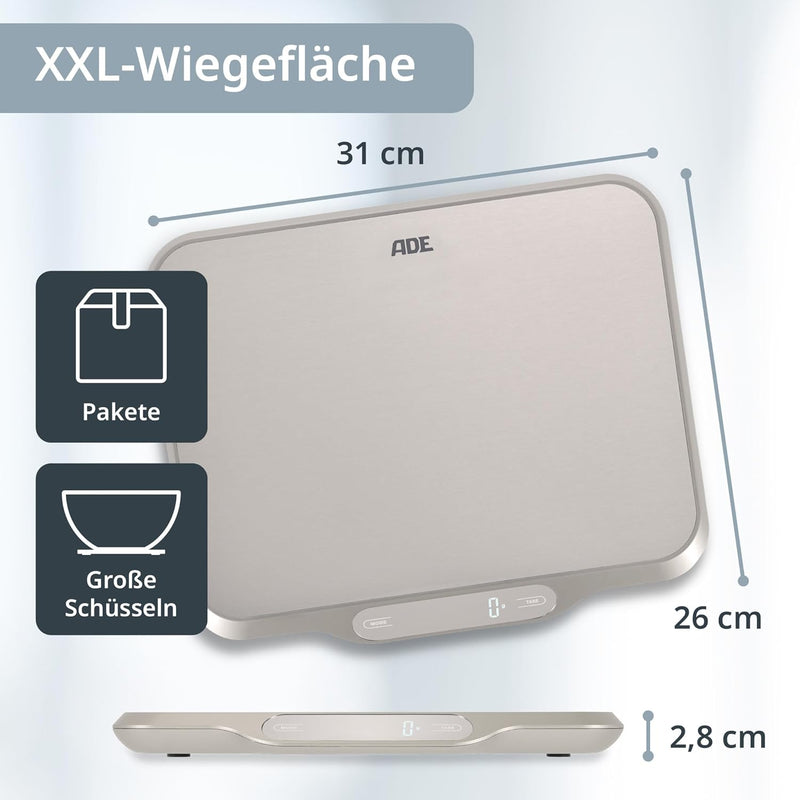ADE Extra grosse Küchenwaage digital bis 15 kg | Wiegefläche 26x31 cm | Paketwaage