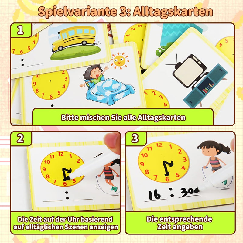 Fullware Lernuhr Kinder 1. 2. Klasse DREI Spielweisen 24 Fragekarten Lernspiele Kinder ab 6 7 8 9 Ja