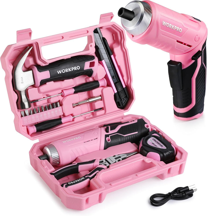 WORKPRO Werkzeugset Rosa pink 18 tlg. mit USB C Akkuschrauber klein, pinker Werkzeugkoffer gefüllt H