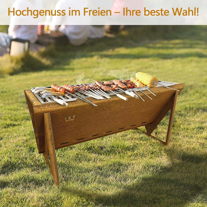 Köhko Picknickgrill „Party Time“— Tischgrill aus Cortenstahl, tragbarer Grillofen mit Grillplatte un