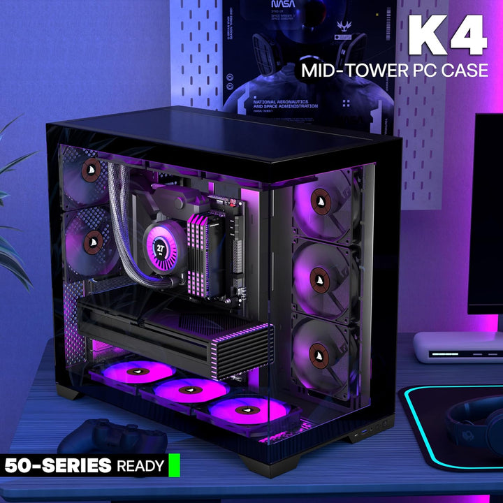 KEDIERS PC Gehäuse - vorinstallierte 4-Lüfter, ATX Mid Tower Gaming Gehäuse, Computergehäuse mit öff