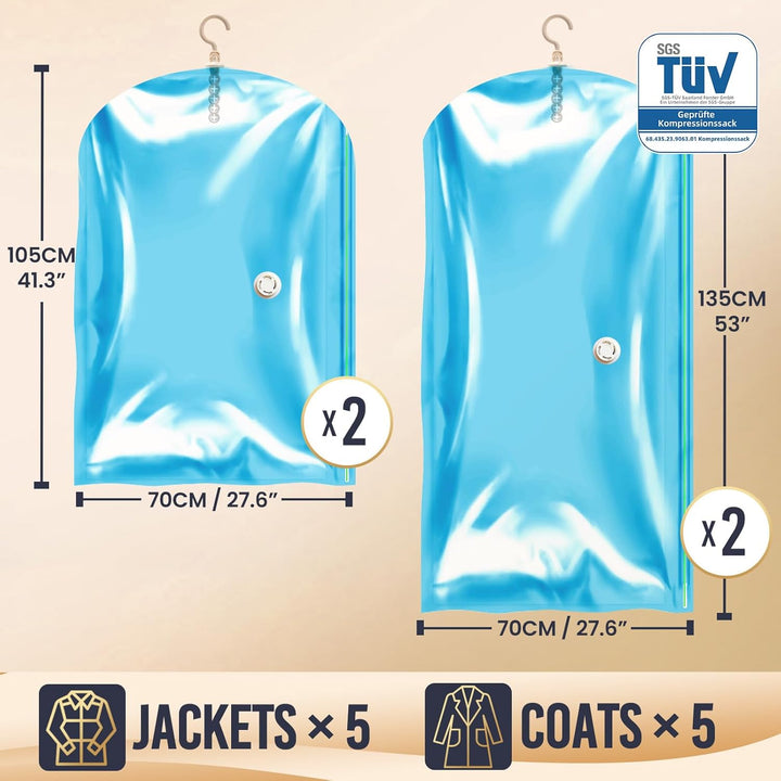 TAILI Hängende Vakuumbeutel für Kleidung, 4 Packungen (2 lange 135x70cm & 2 kurze 105x70cm), Blau Va