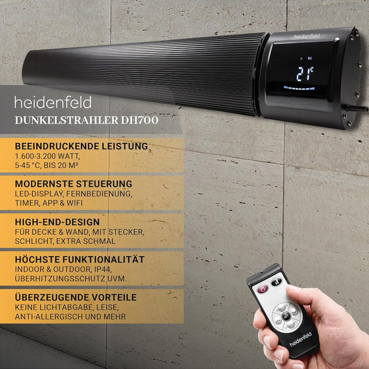 Heidenfeld Dunkelstrahler DH700 | 𝟑 𝐉𝐀𝐇𝐑𝐄 𝐆𝐀𝐑𝐀𝐍𝐓𝐈𝐄 - App Steuerung - 3200 Watt - Infrarotheizung - H