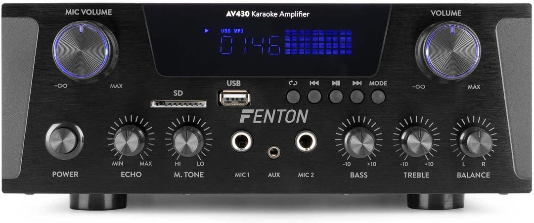 Fenton AV430B Karaoke Verstärker mit Echo, kompakter 600 Watt Bluetooth Verstärker, 2X MIC-In, 2X Ci