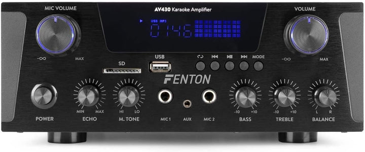 Fenton AV430B Karaoke Verstärker mit Echo, kompakter 600 Watt Bluetooth Verstärker, 2X MIC-In, 2X Ci