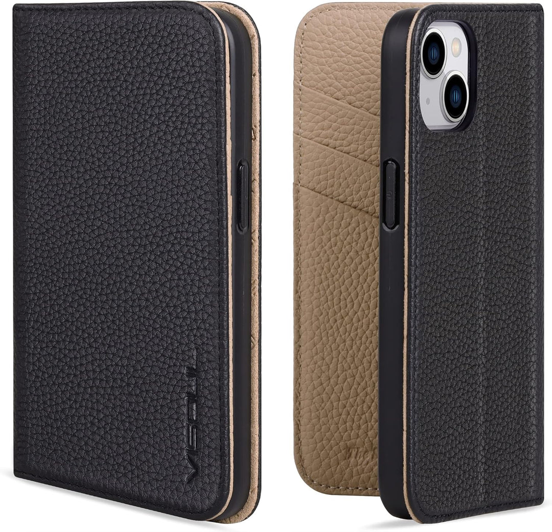 VISOUL iPhone 14 Hülle, Handyhülle iPhone 14[100% Echtleder] [3 Kartenfächer] [Verdichtes TPU] [Magn