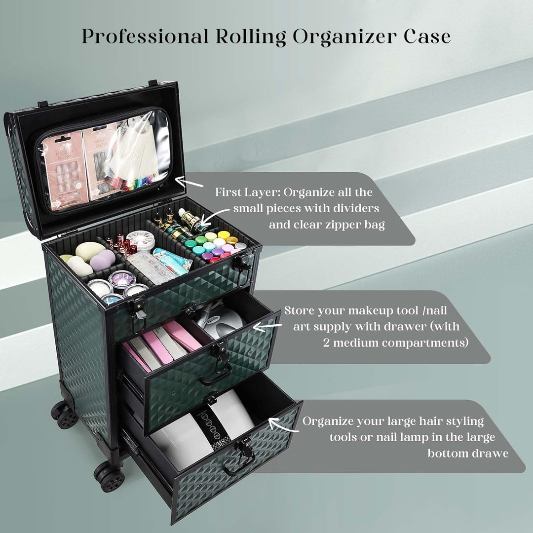 Kosmetik Trolley mit 2 Schubladen Friseurkoffer Gross Kosmetikkoffer Ngaelkoffer Make up Koffer mit