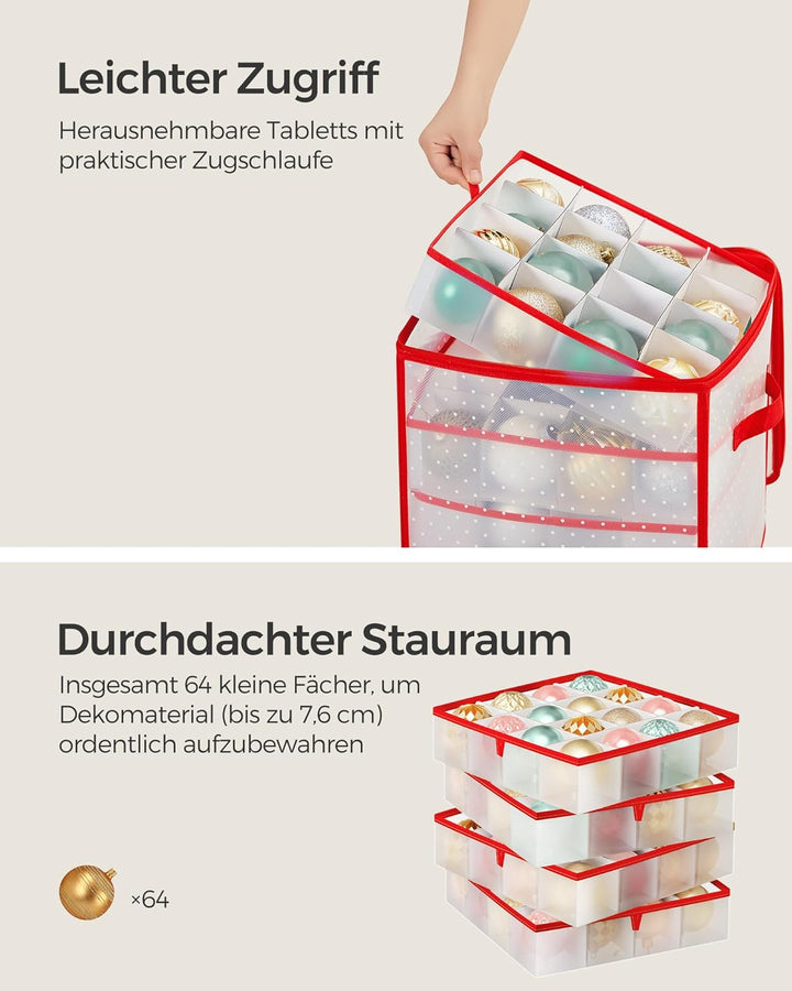 SONGMICS Aufbewahrungsbox für Weihnachtskugeln, Weihnachtskugeln Aufbewahrung, 64 Fächer je 7,6 cm,