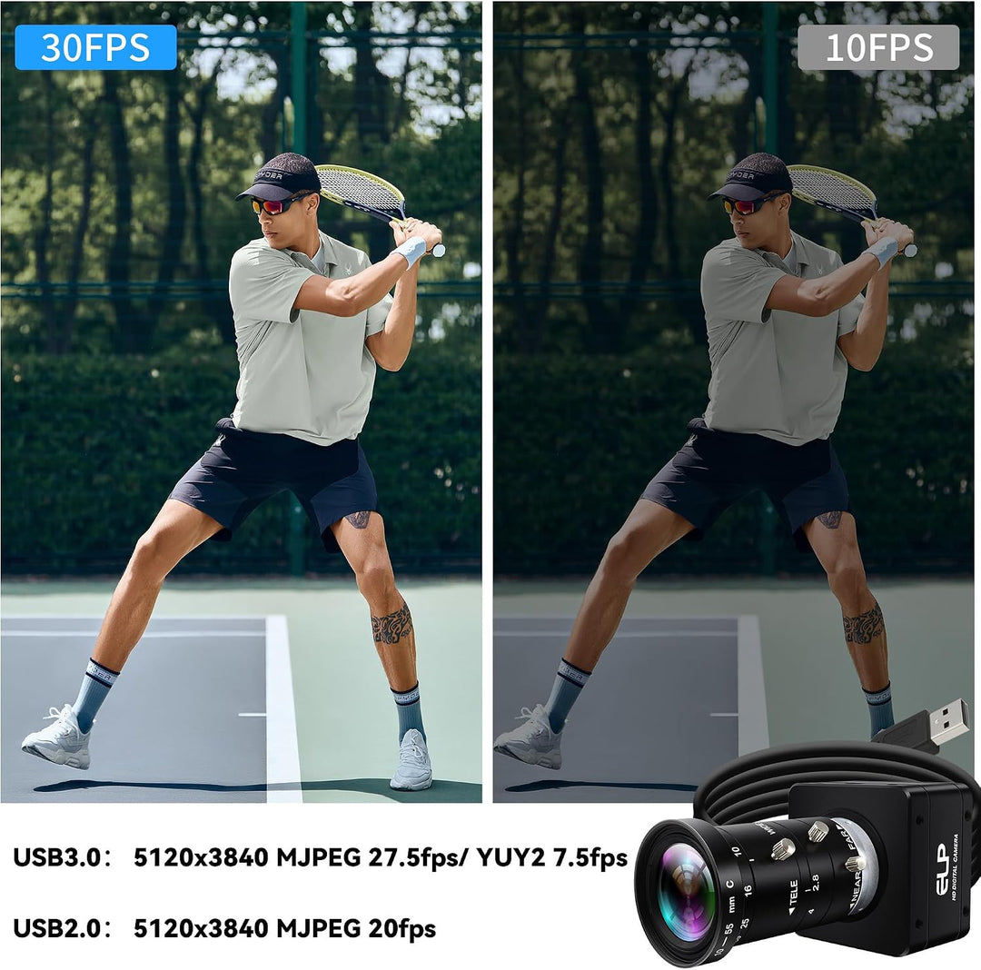 ELP 20MP 5K Ultra HD USB 3.0 Kamera, 5120 x 3840 27,5 fps Webcam mit hoher Bildrate, 10–55 mm 5-Fach