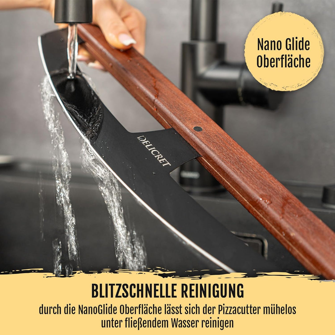 DELICRET "Black Line"- Pizza Wiegemesser | Pizzaschneider mit Akazienholtgriff & scharfer Edelstahlk