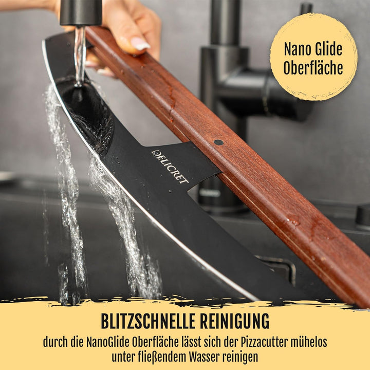DELICRET "Black Line"- Pizza Wiegemesser | Pizzaschneider mit Akazienholtgriff & scharfer Edelstahlk