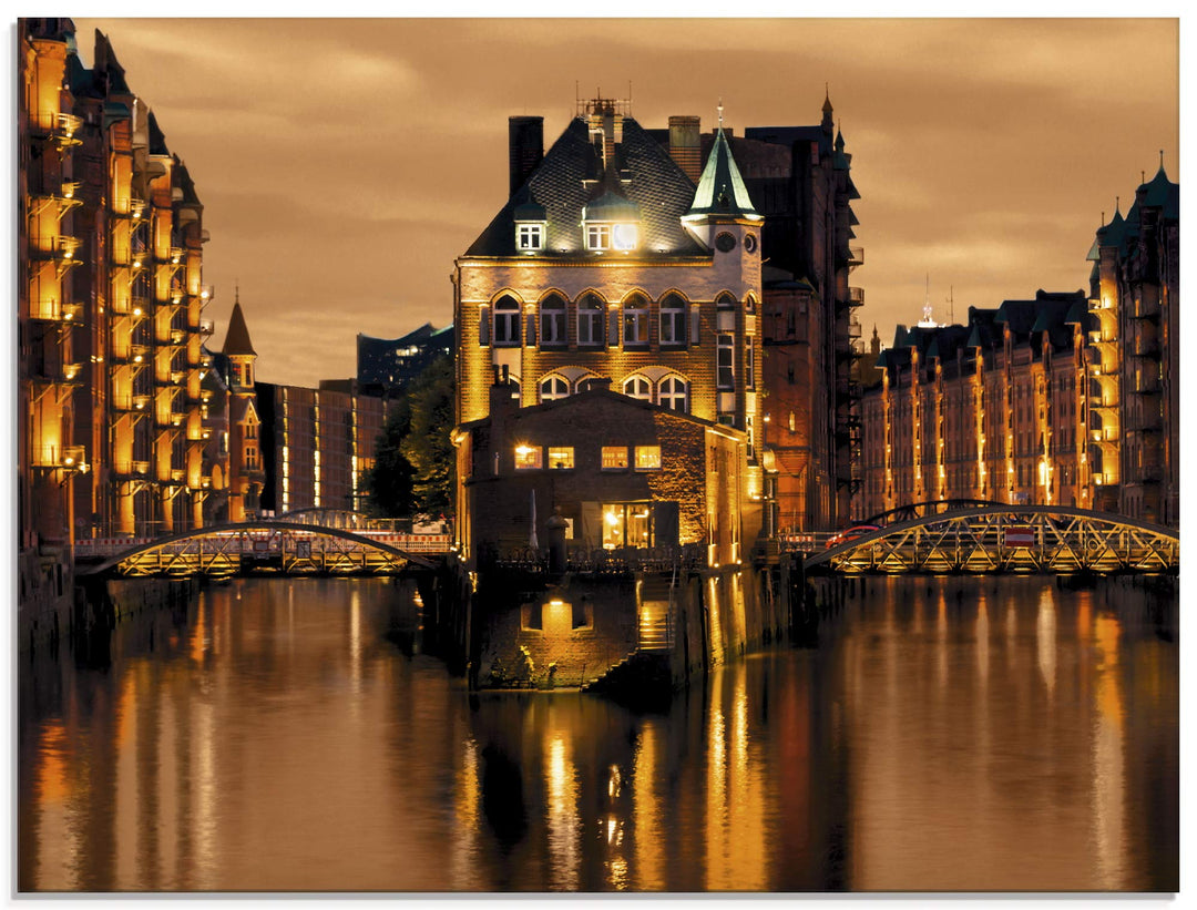 ARTland Glasbilder Wandbild Glas Bild einteilig 80x60 cm Querformat Städte Hamburg Speicherstadt Geb