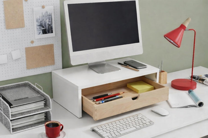 Monitorständer mit Schublade, Bildschirmständer, Weiss, Weiss