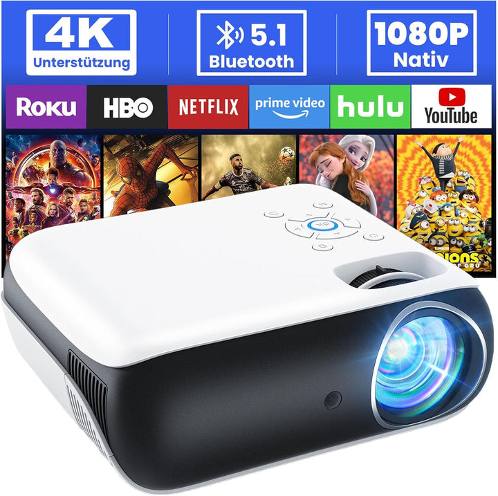HOPVISON Beamer 4K Unterstützt, 9500 Lumen Beamer Bluetooth 5.1, Native 1080P Tragbare Mini Heimkino