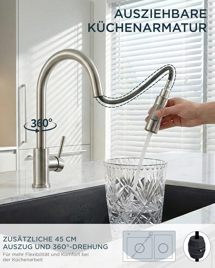 FORIOUS Niederdruckarmatur küche, Ausziehbarer Küchenarmatur, Wasserhahn mit 3 anschluessen fuer boi