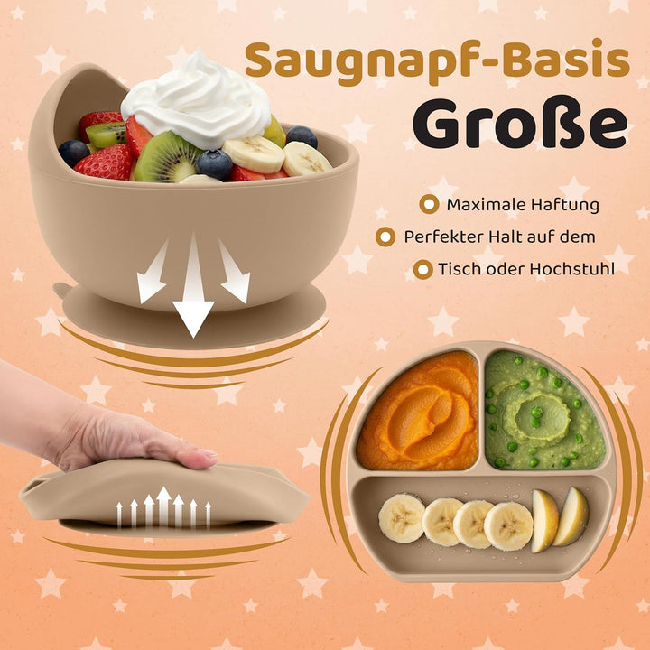 Baby Silikon Geschirr Set, Kindergeschirr Set mit BabyTeller mit Saugnapf, Geschirrset Baby für Beik