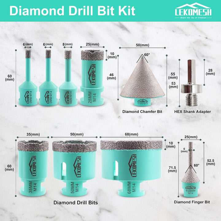Diamant Bohrkrone Kit - 10pcs (6/6/8/25/35/50/68mm+Fasenfräser Bits(6-25mm)+50mm Diamant Fasenfräser
